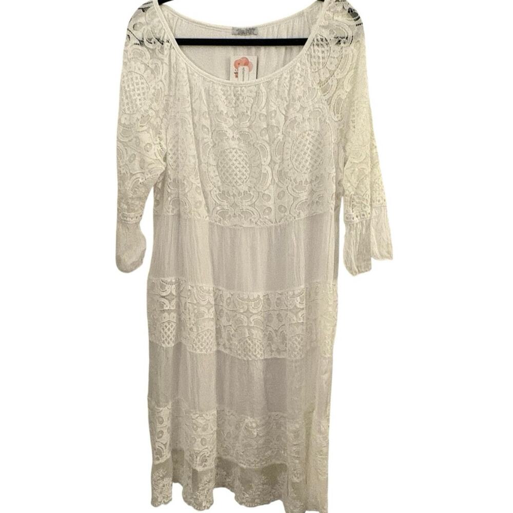 Feminine White Lace Mixed Media Silk Viscose Dress Romantic Cottagecore sheer